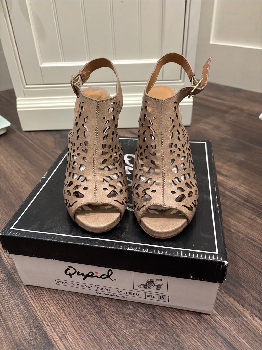Qupid Taupe Laser-Cut Peep-Toe Ankle Strap Heels
